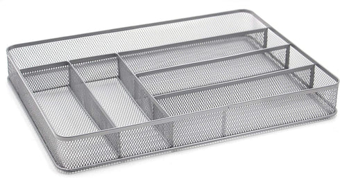 TQVAI Mesh Cutlery Tray 6 Compartments Kitchen Drawer Silverware Holder Utensils Flatware Organizer, Silver