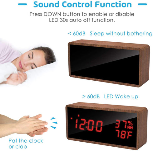 Wood Digital Alarm Clock for Bedrooms, Real Wood,Time Temperature Humidity, 3 Sets of Alarms, Adjustable Brightness