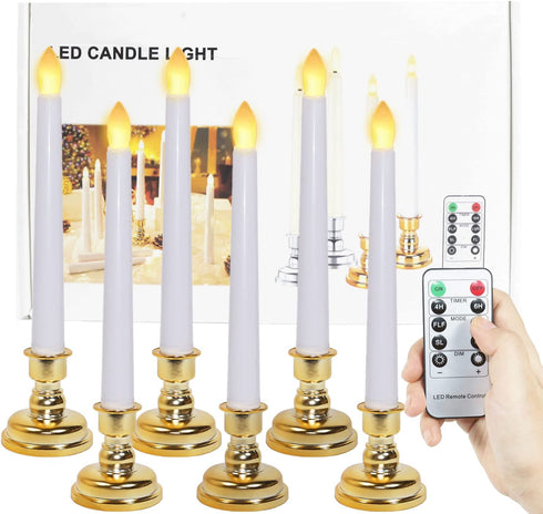 Lotus Hills Flameless Window Candles with Remote and Timer, 6 Packs Battery Operated Window Candles with Gold Candle Holders, Flickering Led Window Candles for Newyears Party Wedding Decorations