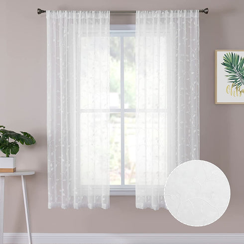 Tollpiz Leaves Short Sheer Curtains White Leaf Embroidery Bedroom Curtain Rod Pocket Voile Faux Linen Embroidered Leaves Curtains for Living Room, 54 x 45 inches Long, Set of 2 Panels