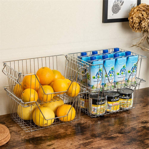 SANNO Stacking Basket Bin Pantry Freezer Storage Baskets Cabinet Organizer - Large Steel Metal Wire - Fruit, Vegetable, Onion, Potato, Cans - Kitchen 2 pack