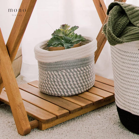 7 Inch Small Plant Basket, Mono Living, Rope Plant Basket Woven Basket for Plant Flower Pot Indoor Planter Boho Decor Small Cotton Rope Basket Grey and White