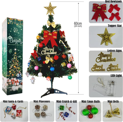 Artificial Mini Christmas Tree, 24 Inch Small Table Top Christmas Tree with Lights Hanging Ornaments Tree Star Topper for Kids Christmas DIY Project for Xmas Home Indoor Desk Tabletop Decoration