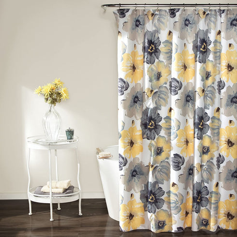 Lush Decor Leah Shower Curtain-Bathroom Flower Floral Large Blooms Fabric Print Design, 72 x 72, Yellow/Gray