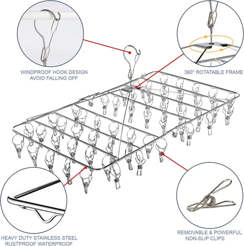 Stainless Steel Folding Clothes Drying Racks Laundry Drip Hanger Laundry Clothesline Hanging Rack Swivel Windproof Hook for Sock Set of 52 Metal Clothespins