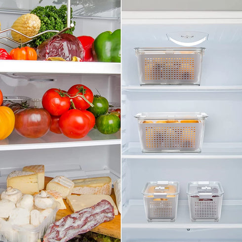 Rarapop 2 Pack Fridge Produce Saver Stay Fresh Containers with Strainers and Vented Lids, Food Storage Containers Refrigerator Organizer Baskets for Veggie, Berry and Fruits - NOT Dishwasher Safe (White)