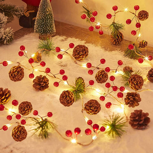 Christmas Lights, Garland with Lights, Fairy LED Lights, Decoration Pinecone Berries Indoor and Outdoor, Winter Holiday New Year Decor. Battery Powered (2M 20 Lights) (Pine Cone)