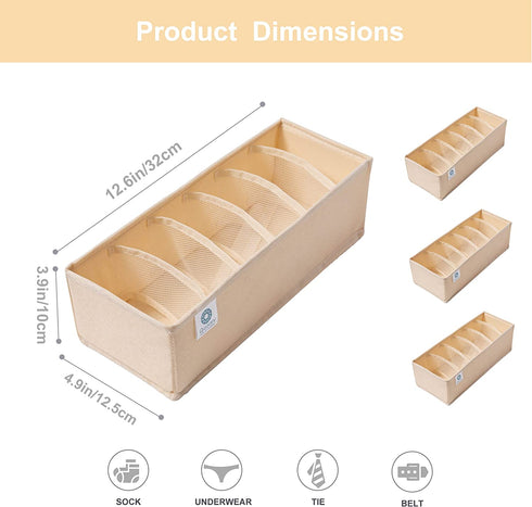 Qozary 3 Pack Sock Underwear Drawer Organizer Dividers, Collapsible Cabinet Closet Storage Boxes for Clothes, Socks, Lingerie, Underwear, Tie, Belt, Baby, Bedroom (Beige, 6 Cells)