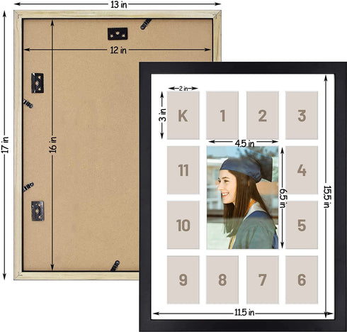 12x16 Black Wood Frame - 13 Opening White Mat - Displays One 5x7 Photo and Twelve 2.5x3.5 Pictures - Collage Frame - Real Glass, Sawtooth Hangers, Swivel Tabs - Wall Mounting, Landscape, Portrait