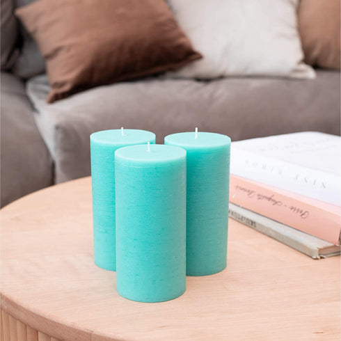 CANDWAX 3x6 Pillar Candles Set of 3 - Decorative Rustic Candles Unscented and No Drip Candles - Ideal as Wedding Candles or Large Candles for Home Interior - Turquoise Candles