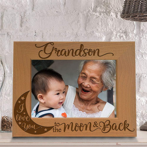 KATE POSH Grandson I Love You to The Moon and Back Engraved Wood Picture Frame, Grandma Grandpa Gifts, Christmas, Birthday, Mother's Day, Father's Day (4x6 Horizontal)