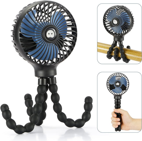 Mini Handheld Personal Portable Fan, Baby Stroller Fan, Car Seat Fan, USB or 4000mAh Battery Powered, with Flexible Tripod Clip on Student Bed Desk Peloton Bike Crib Treadmill Camping Traveling(Black)