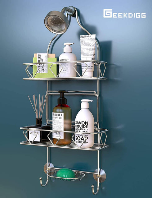 Upgraded! GeekDigg Bathroom Hanging Shower Head Caddy Organizer, Three Tier, Rust Proof Premium Hanger Design With Suction Cups, Hooks, Bath Room Caddies Hang on Showers Head, Shower Organizer, Silver