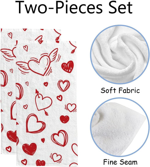 BVOGOS Valentine's Day Bath Hand Kitchen Towels Heart Romantic Face Towel Washcloth Set of 2 Soft Quick Dry Super Absorbent Bathroom Red