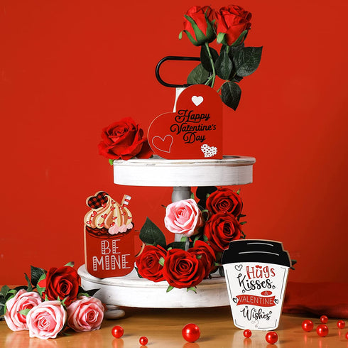 3 Pcs Valentine's Day Table Wooden Sign Coffee Mug Shaped Tabletop Decor Romantic Love Be Mine Decorative Table Centerpiece Signs Valentine's Day Tiered Tray Home Decor (Lovely Style)