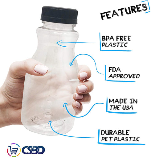 CSBD 8oz Plastic Juice Bottles with Tamper Evident Lids, 10 Pack, Food Grade Safe PET with No BPA, Apple, Kombucha, Tea, Cold Brew or Milk Bulk Containers, Reusable