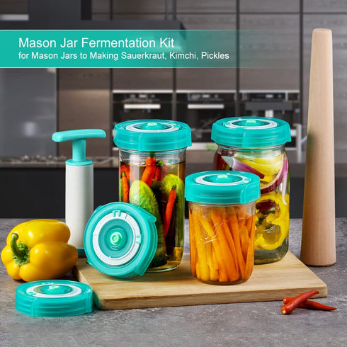 AIEVE Fermentation Lids, 6 Pack Mason Jar Fermenting Lids with Extractor Pump and Sauerkraut Pounder Fermenter Lids Fermentation Kit for Wide Mouth Mason Jars to Make Sauerkraut, Kimchi, Pickles