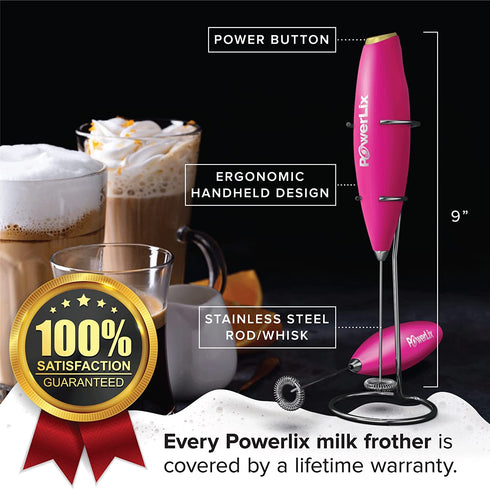 PowerLix Milk Frother Handheld Battery Operated Electric Whisk Foam Maker For Coffee, Latte, Cappuccino, Hot Chocolate, Durable Mini Drink Mixer With Stainless Steel Stand Included(Bubblegum Pink)