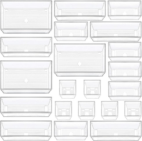 21 PCS Clear Plastic Drawer Organizers, 4 Size Vanity Organizer Set, Drawer Dividers Organization Trays for Desk, Makeup, Jewelries and Kitchen Utensils
