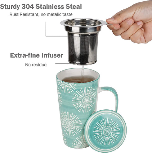 Taimei Teatime Ceramic Tea Cup with Infuser and Lid, 17-oz Large Mug, Tea Infuser Mug in British Rural Style with Handpainted Sunflower Pattern, Teal Blue
