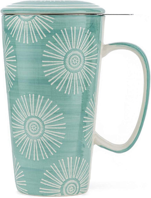Taimei Teatime Ceramic Tea Cup with Infuser and Lid, 17-oz Large Mug, Tea Infuser Mug in British Rural Style with Handpainted Sunflower Pattern, Teal Blue