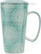 Taimei Teatime Ceramic Tea Cup with Infuser and Lid, 17-oz Large Mug, Tea Infuser Mug in British Rural Style with Handpainted Sunflower Pattern, Teal Blue