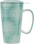 Taimei Teatime Ceramic Tea Cup with Infuser and Lid, 17-oz Large Mug, Tea Infuser Mug in British Rural Style with Handpainted Sunflower Pattern, Teal Blue