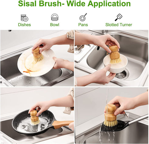 SUBEKYU Bamboo Dish Scrub Brush for Kitchen Sink, Natural Wooden Washing Dish Brush Scrubber, Sisal Bristles Brush for Household Cleaning Cast Iron Brush Pots, Pans and Vegetables