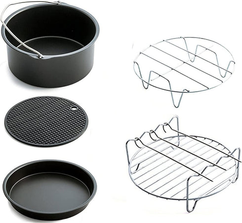 Aurkalri Air Fryer Accessories Set 5 pcs with Non-stick Barrel/Pan, Pizza Pan,Metal Holder,Roasting Racks And Silicone Mat,Fit all 3.7QT - 5.3QT(7 Inch)