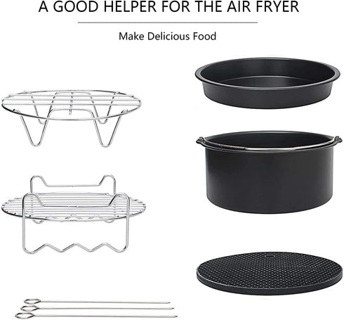 Aurkalri Air Fryer Accessories Set 5 pcs with Non-stick Barrel/Pan, Pizza Pan,Metal Holder,Roasting Racks And Silicone Mat,Fit all 3.7QT - 5.3QT(7 Inch)