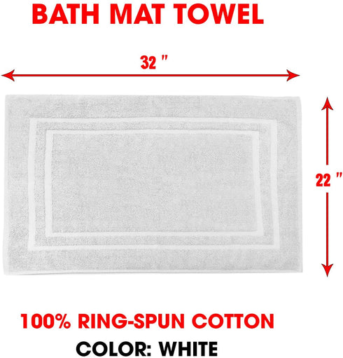 TALVANIA Bath Mat Floor Towel for Bathroom 22 x 32 Banded Rug - 100% Ring Spun Cotton Highly Absorbent Machine Washable 2 Pack White Non Rubber Backing Mats Shower Spa Hotel
