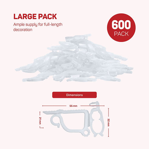 SEWANTA All-Purpose Light Clips Holder - Set of 600 Christmas light hooks - Mount holiday lights to shingles and gutters - works with Rope, Mini, c-7-6-9, icicle lights - USA made - No tools required