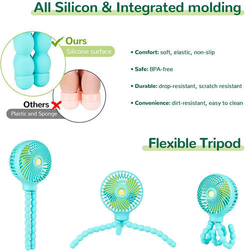 Snawowo Mini Baby Stroller Fan, Handheld Personal Portable Clip On Fan with Flexible Tripod for Stroller Peloton Bike Desk Treadmill Crib Car Seat Outdoor Camping, USB or Battery Powered (LightBlue)