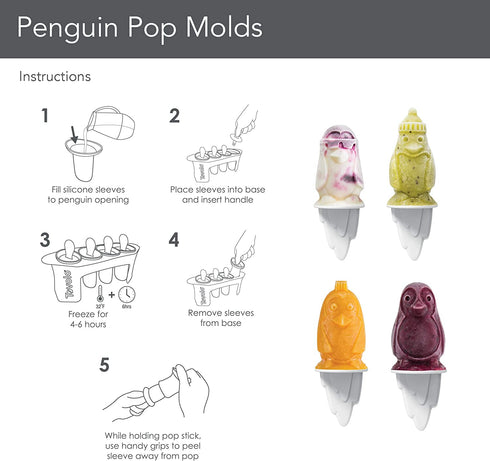 Tovolo Ice Pop, Flexible Silicone Freezer Molds Set of 4 Unique Penguins, Popsicle Makers With Reusable Sticks, Dishwasher-Safe & BPA-Free, White