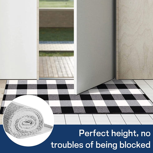 Buffalo Checkered Rugs Outdoor with Anti-Slip Mat, 23.6X51.2 Inches Plaid Rug Black and White Doormat Washable Cotton Woven Layered Door Mats for Kitchen/Farmhouse/Porch