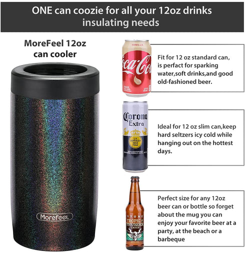 4-in-1 Skinny Can Cooler Double Wall Stainless Steel Insulated Can Holder,Can Coozie, Works With 12 Oz Slim Can,Standard Cans,Beer Bottles & As Pint Cups(Glitter Dark)