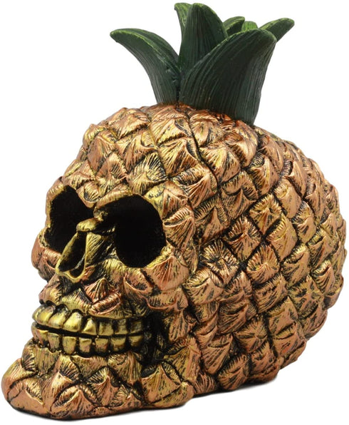 Ebros Hawaiian Tropical Pineapple Golden Skull Figurine 6" Tall Fruity Skeleton Head Statue for Halloween Day of The Dead Spooky Decor
