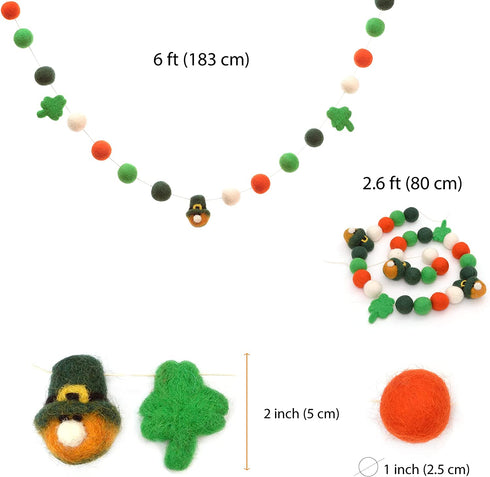 Glaciart One St. Patrick's Day Felt Ball Garland - Pre-Assembled Shamrocks, Clover and Leprechaun Irish Party Decoration - Pompom Party Decor - 100% Natural Wool Pom Poms with Cotton String - 6 Feet