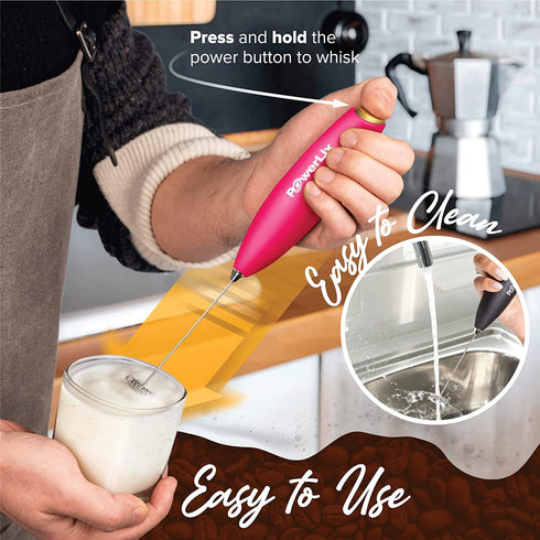 PowerLix Milk Frother Handheld Battery Operated Electric Whisk Foam Maker For Coffee, Latte, Cappuccino, Hot Chocolate, Durable Mini Drink Mixer With Stainless Steel Stand Included(Bubblegum Pink)