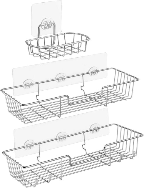 iPEGTOP Shower Caddy Basket with Hooks Soap Dish Holder Shelf for Shampoo Conditioner Bathroom Kitchen Storage Organizer SUS304 Stainless Steel Adhesive No Drilling - 3 Pack