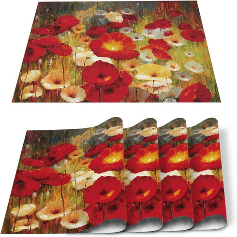 Washable Placemats for Dining Table Set of 4,Retro Poppy Flower Floral Painting Style Red Yellow Pattern Non-Slip Heat Resistant Kitchen Table Mats Farmhouse Placemats