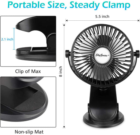 SkyGenius Battery Operated Stroller Fan, Rechargeable USB Powered Mini Clip on Desk Fan