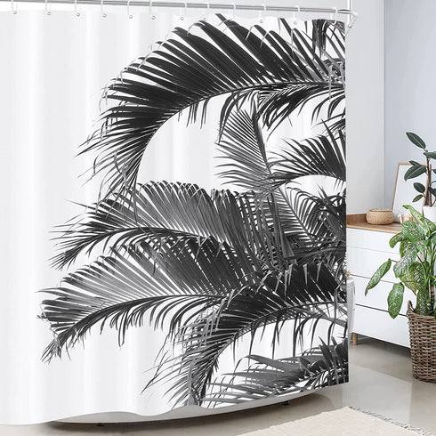 GETTOGET Black Tree Beautiful Palms Leaf on White Shadow Silhouette Tropical Beach Caribbean Light Line Shower Curtain Bathroom Decor Sets Hooks,Waterproof Polyester Curtain