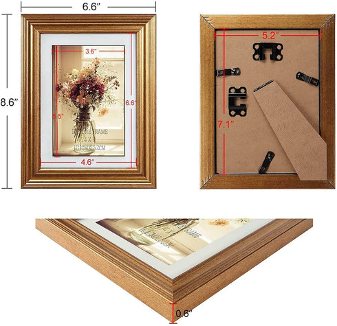 MEBRUDY 4x6 Picture Frames Set of 6, Display Pictures 4x6 with Mat or 5x7 Without Mat, Gold Photo Frames for Wall Mount or Table Top