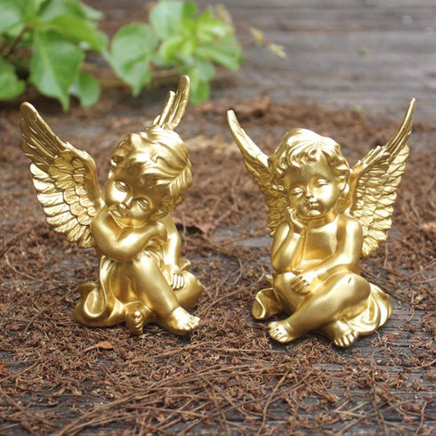 OwMell Set of 2 Gold Angels Resin Cherubs Statue Figurine, Indoor Outdoor Home Garden Decoration 4 Inch, Adorable Angel Sculpture Memorial Statue A Pair