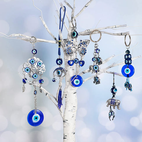 6 Pieces Lucky Evil Eye Car Hanging Ornament Blue Evil Eye with Butterfly Hanging Decoration Turkish Evil Eye with Elephant Amulet Life Tree Amulet Evil Eye Hanging Ornament for Car Home Protection