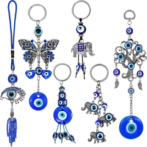 6 Pieces Lucky Evil Eye Car Hanging Ornament Blue Evil Eye with Butterfly Hanging Decoration Turkish Evil Eye with Elephant Amulet Life Tree Amulet Evil Eye Hanging Ornament for Car Home Protection