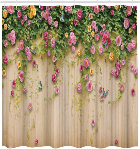 HOOHAA Romantic Flower with Butterfly on Rustic Wooden Background Pink Flower Weeping Shower Curtain for Bathroom Decor 72 x 72 Inch
