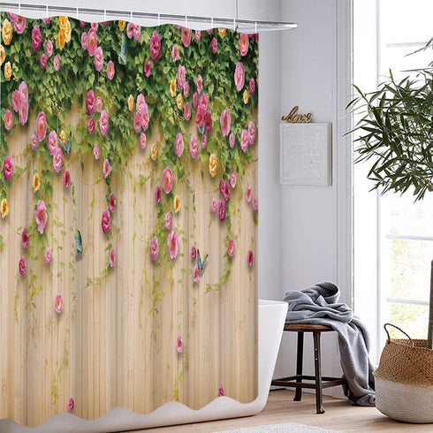 HOOHAA Romantic Flower with Butterfly on Rustic Wooden Background Pink Flower Weeping Shower Curtain for Bathroom Decor 72 x 72 Inch