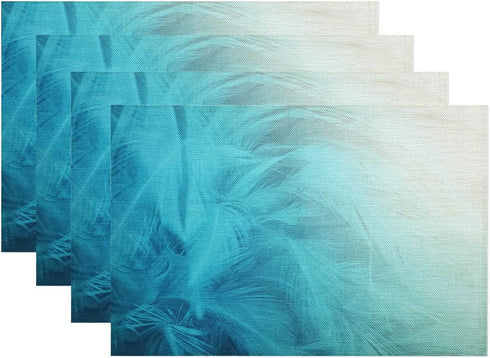 Batmerry Green Turquoise Placemats, Peacock Feather Pattern in Teal and White Woven Burlap Modern Placemats for Dining Table Kitchen Table Round Table Farmhouse Wedding Outdoor Indoor Set of 4